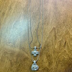 Brighton Silver Cross and Heart w/Crystal Necklace Elegant Pendant Design